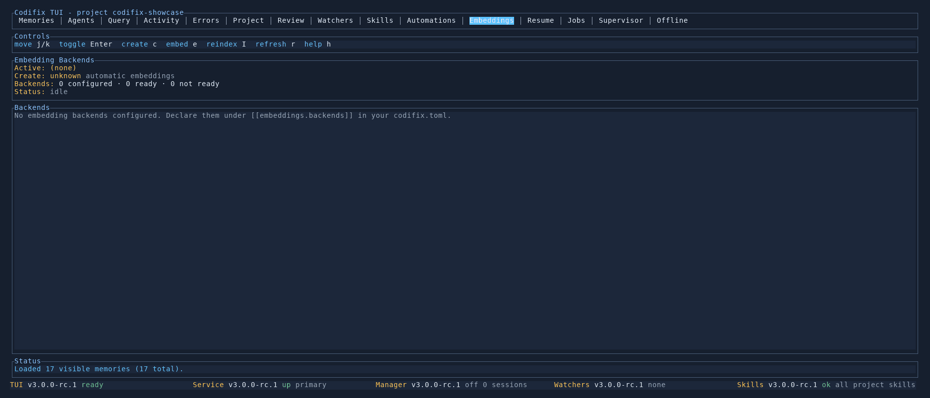 Embedding backend coverage in the TUI