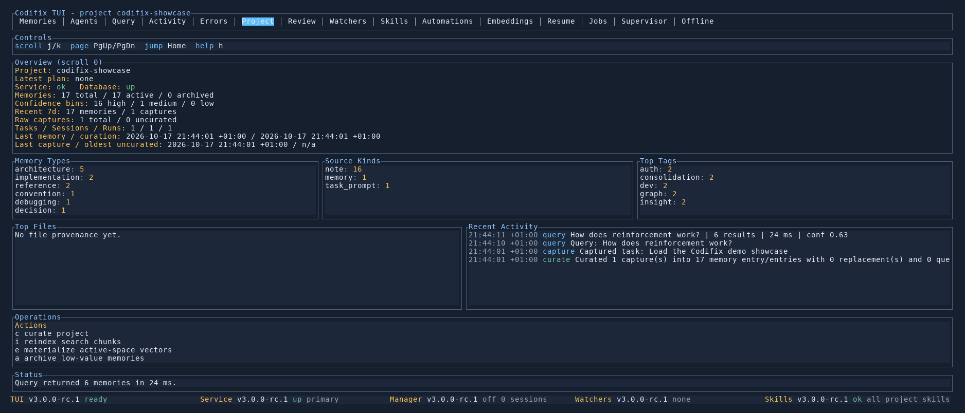 Project health and memory summary in the TUI